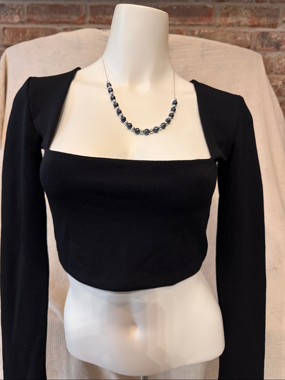 Zara Black Square-Neck Long Sleeve Crop Top